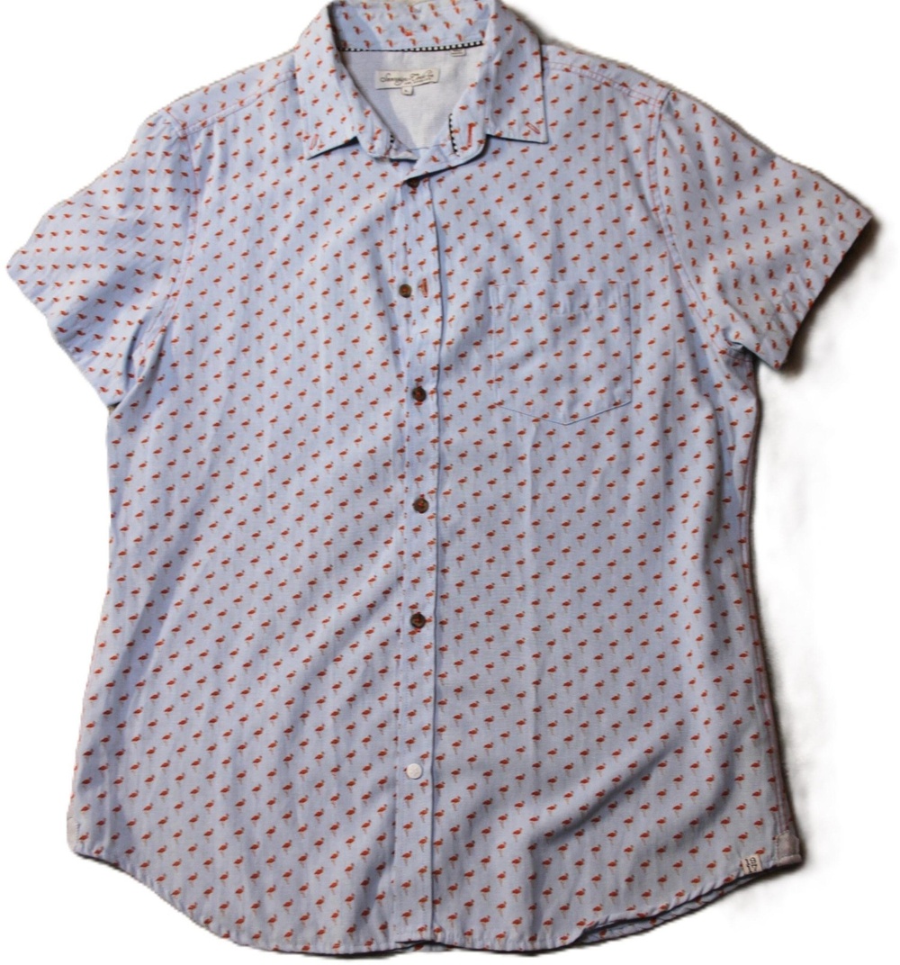 Sovereign Code Shirt Mens L Blue Button Up Short Sleeve Pockets Flamingo Print